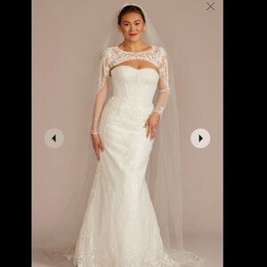 Soft white Oleg Cassini mermaid gown with lace, chapel train, NWT, discontinued.